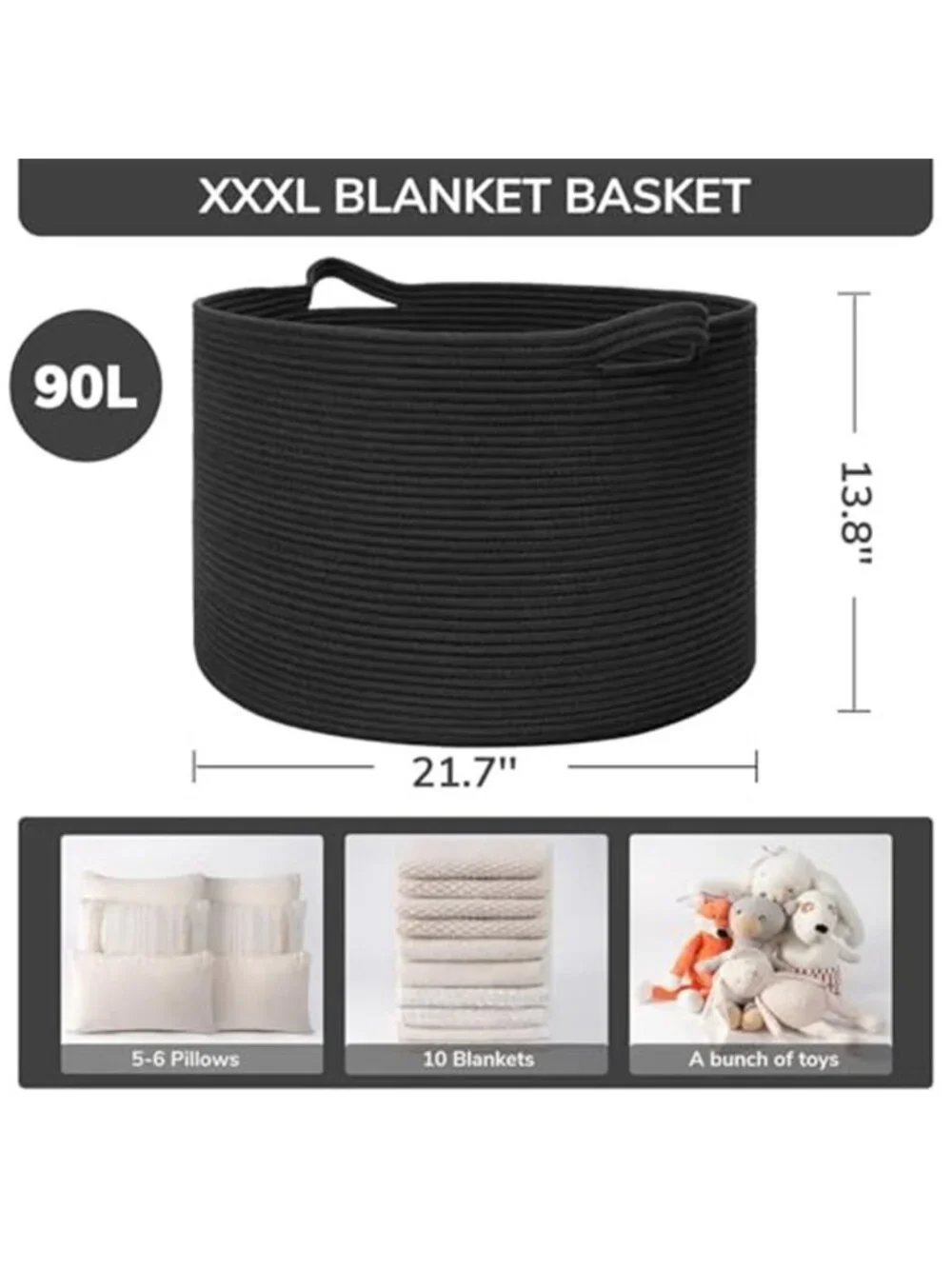 New XXXLarge Woven Rope Blanket Basket Living Room Black, 90L